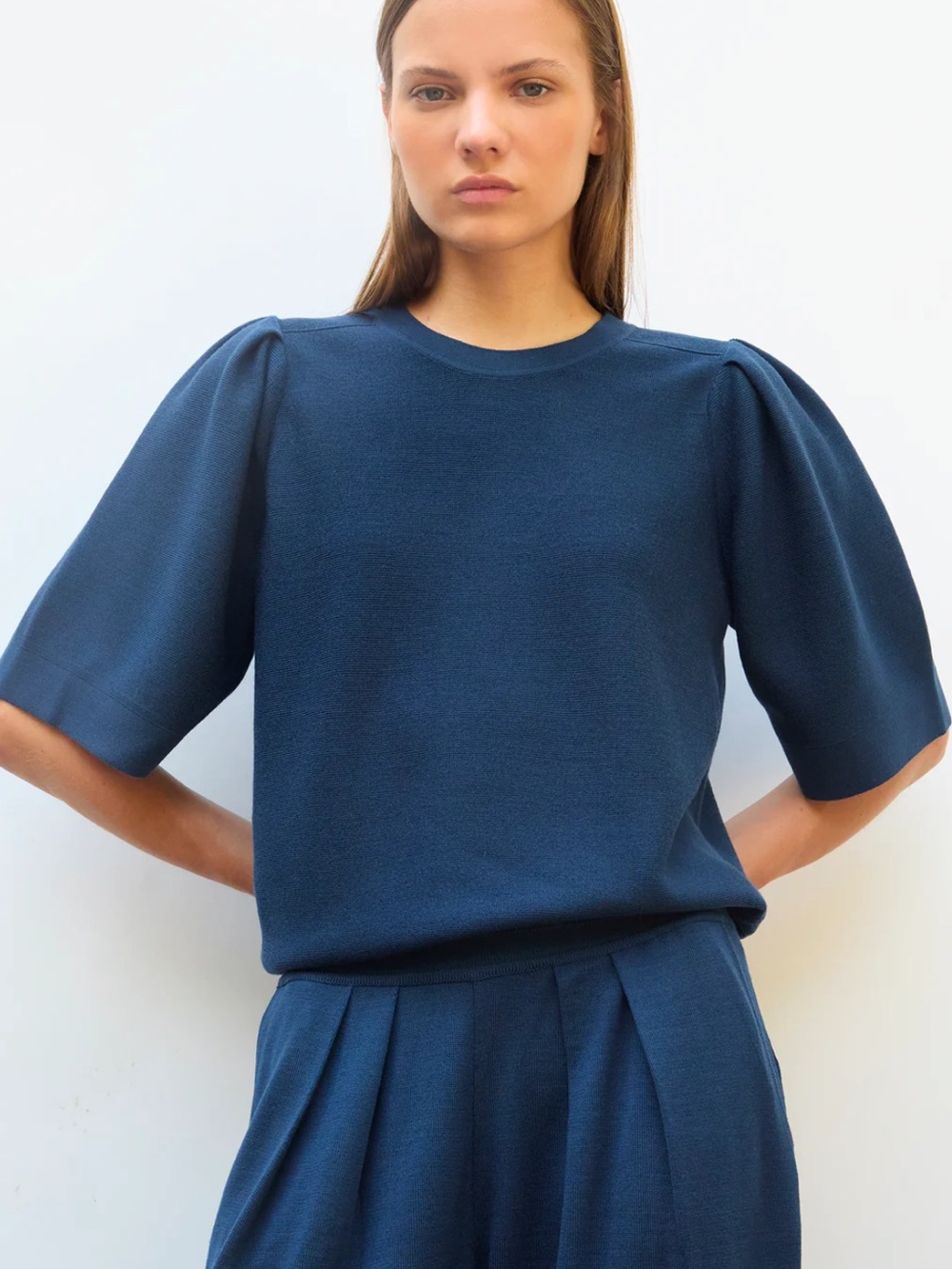 Molli Pleated elbow-length sleeved knit top Blueberry Large